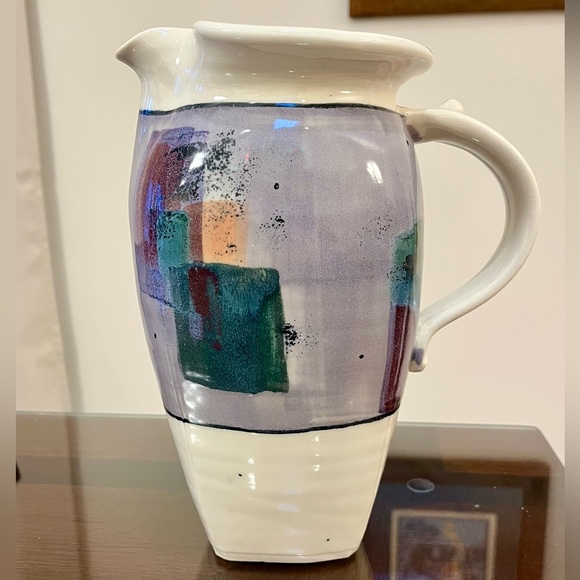 Postmodern Ceramic Pottery Pitcher Artist Signed MCM Geometric Studio Art 9-1/2 - Picture 1 of 12